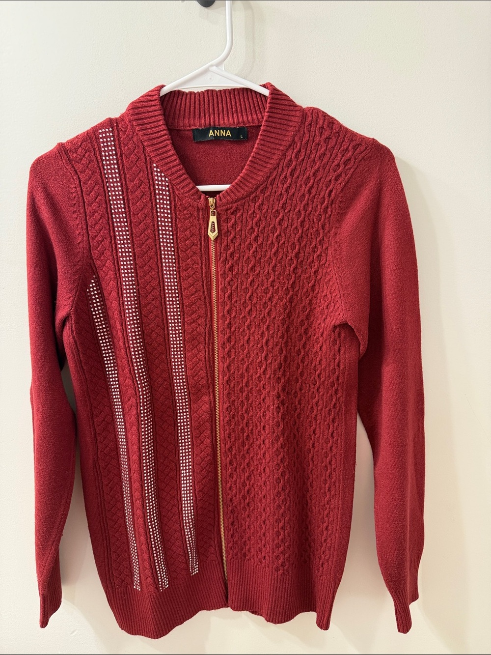 ANNA Red Zip-Front Cable Knit Cardigan with Studded Stripes